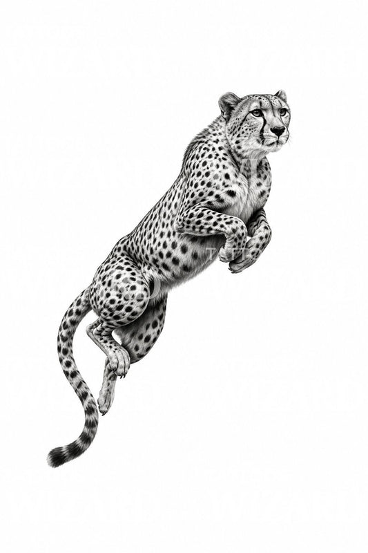 Skákající gepard, černobílý tetovací motiv