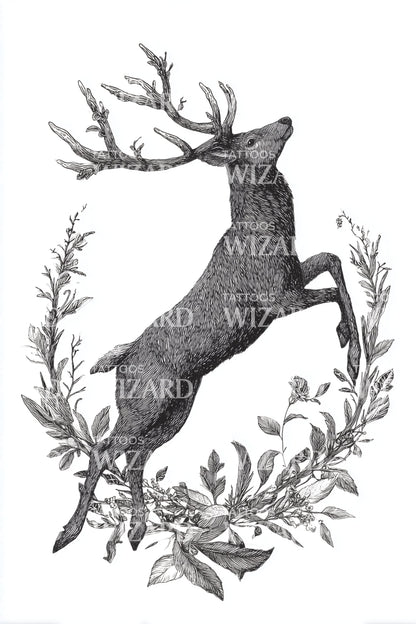 Leaping Deer Wreath Tattoo Illustration