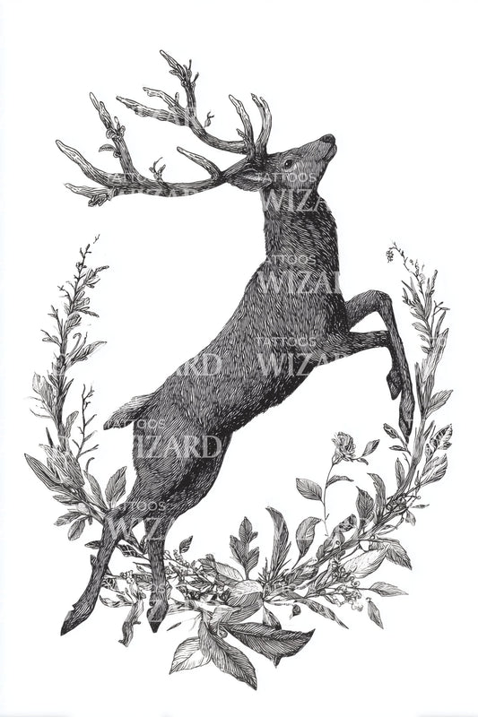 Leaping Deer Wreath Tattoo Illustration