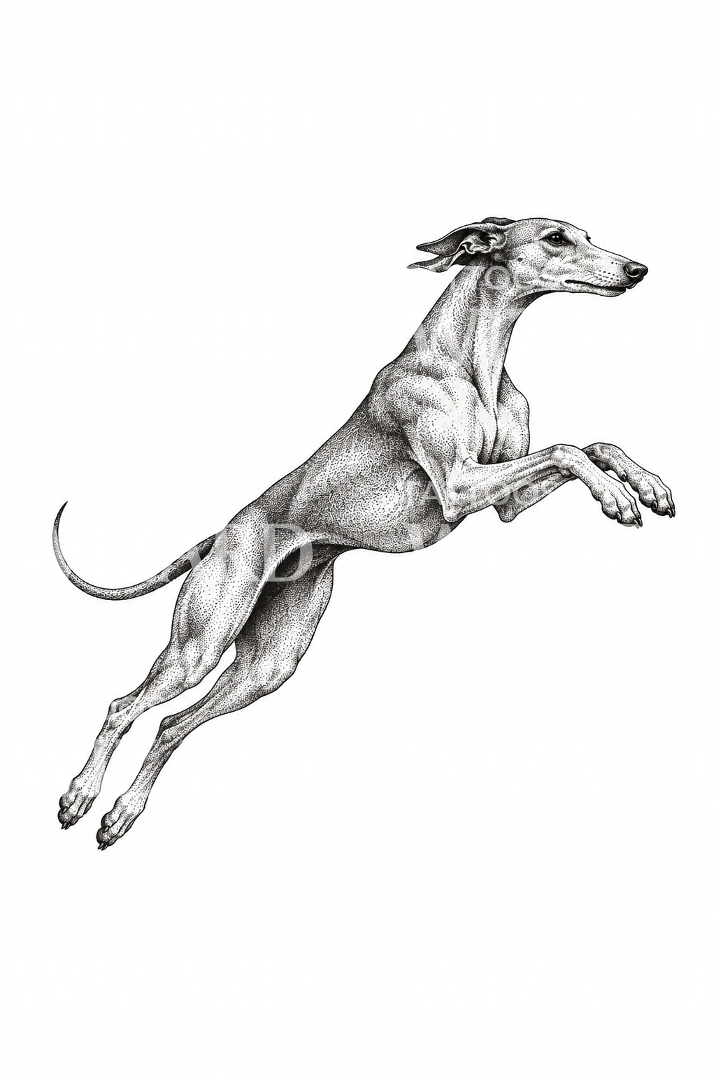 Dotwork-tatuering med en hoppande greyhound