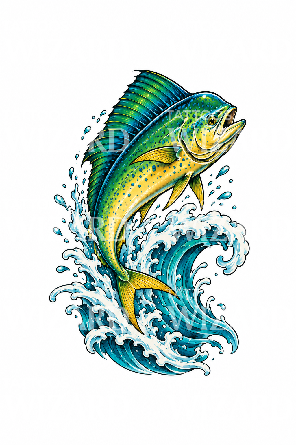Tattoo mahi mahi che salta tra le onde