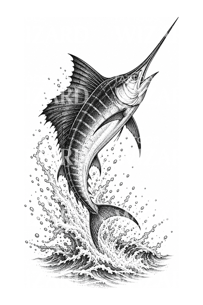 Tatuaggio dotwork marlin in salto