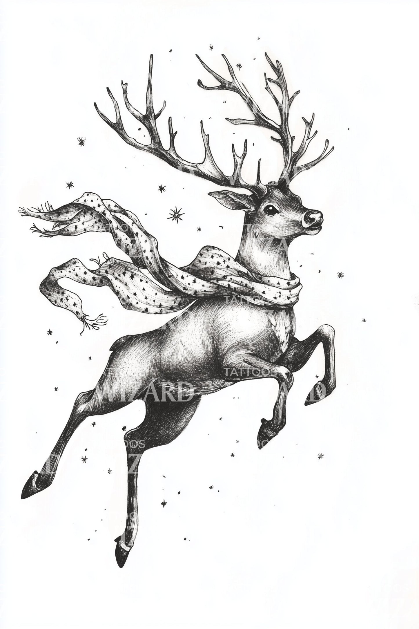 Leaping Reindeer with Scarf Tattoo Illustration