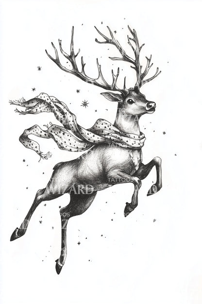 Leaping Reindeer with Scarf Tattoo Illustration