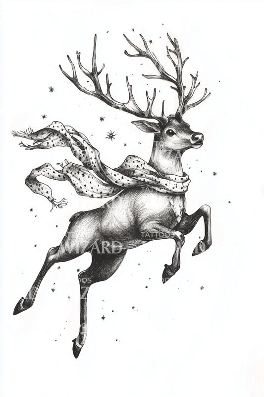 Leaping Reindeer with Scarf Tattoo Illustration