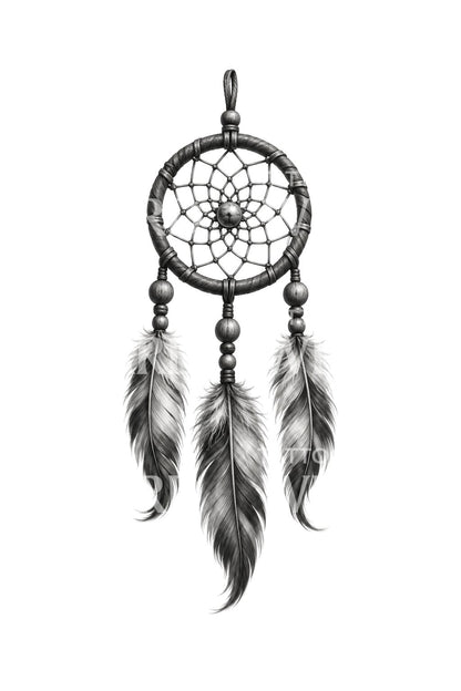 Deri Çemberli Tüylerden Dreamcatcher Dövme İllüstrasyonu