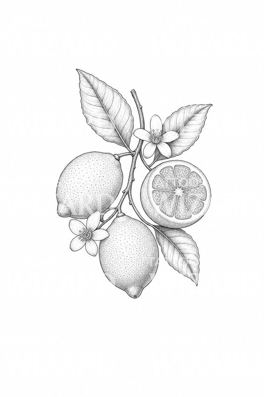 Desenho de tatuagem de ramo de limoeiro com flor
