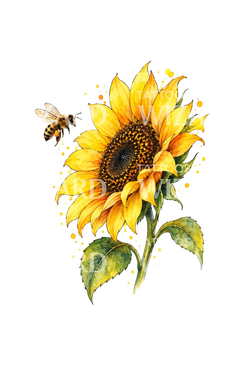 Lemon Sunflower Bee Visit Tattoo Illustration