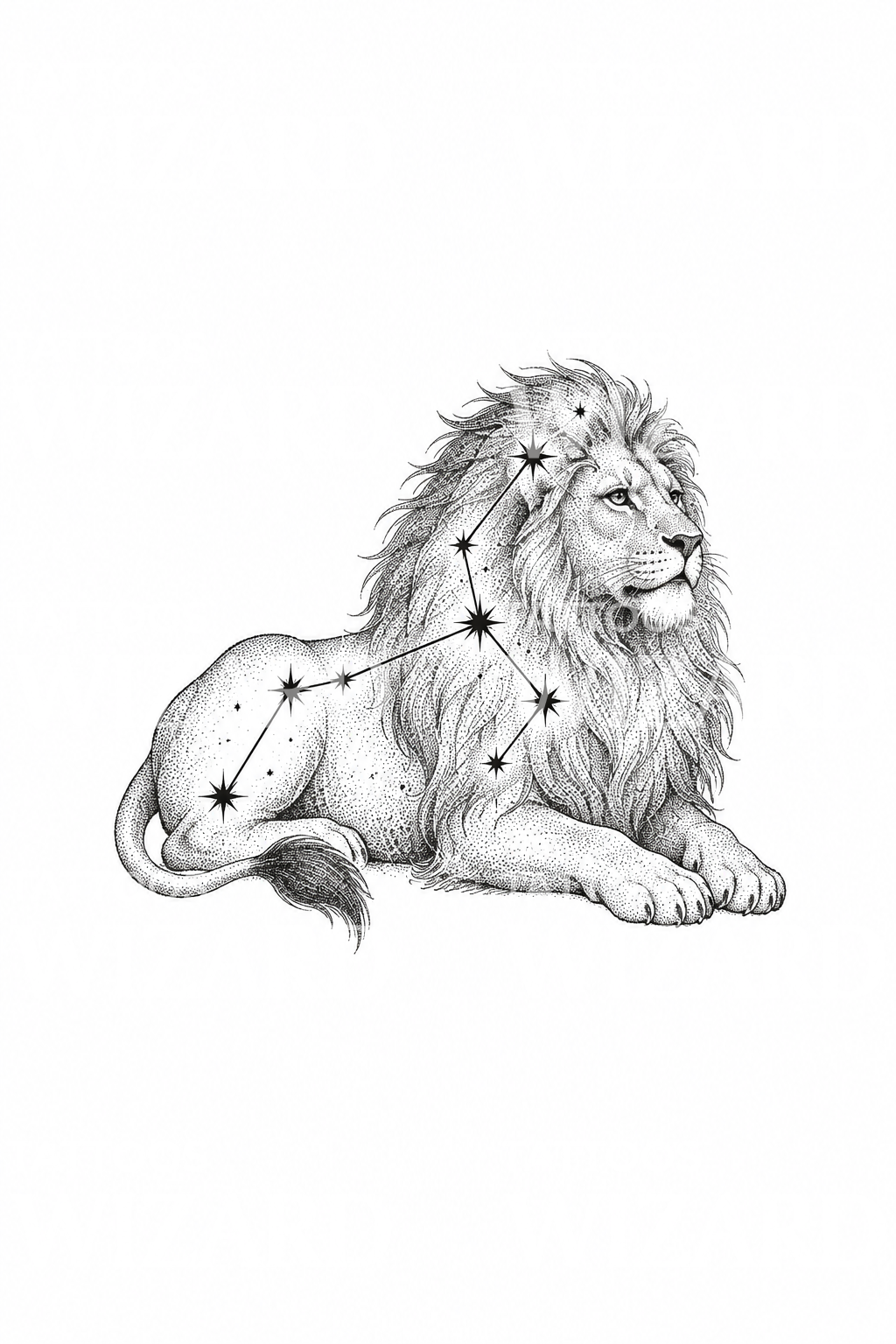 Constelación de Leo sobre león tumbado, tatuaje dotwork