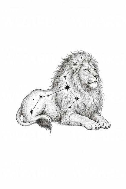Constelación de Leo sobre león tumbado, tatuaje dotwork