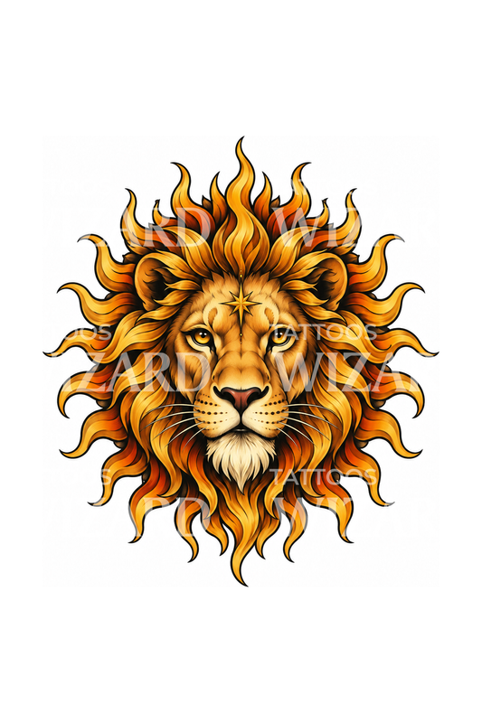 Leo Lion Head with Sunburst Mane Zodiac Tattoo