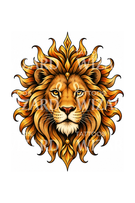 Illustrazione tatuaggio Leone con criniera solare