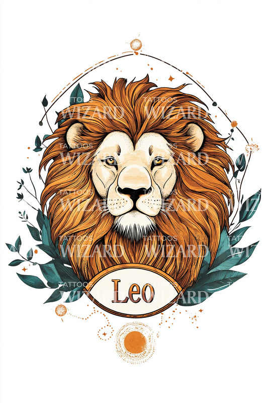 Leo Wreathed Lion Tattoo Illustration