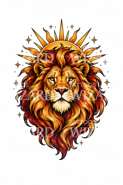 Leo Zodiac Lion with Sun Mane Neo Traditional Tattoo