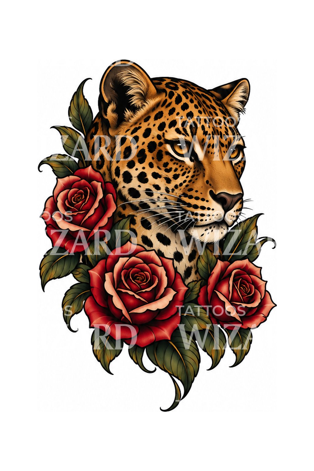 Tetování s leopardem mezi rudými růžemi