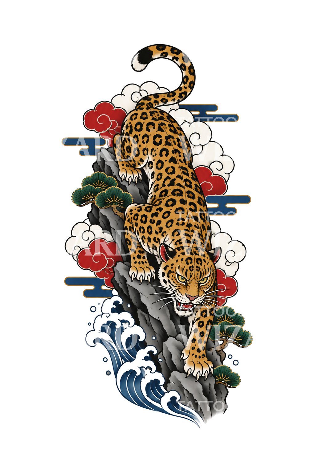 Leopard Descending Rock Face Irezumi Tattoo Illustration