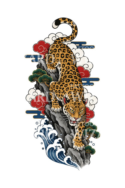 Leopard Descending Rock Face Irezumi Tattoo Illustration