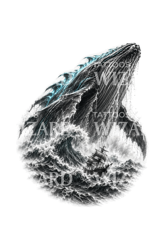 船の上に躍り出る海の怪獣リヴァイアサンのタトゥーイラスト