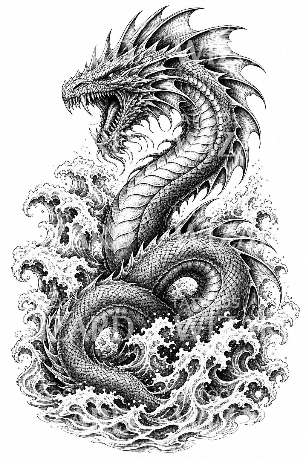 Leviathan Sea Serpent Tattoo Illustration
