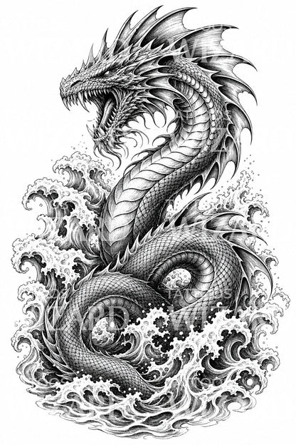Leviathan Sea Serpent Tattoo Illustration