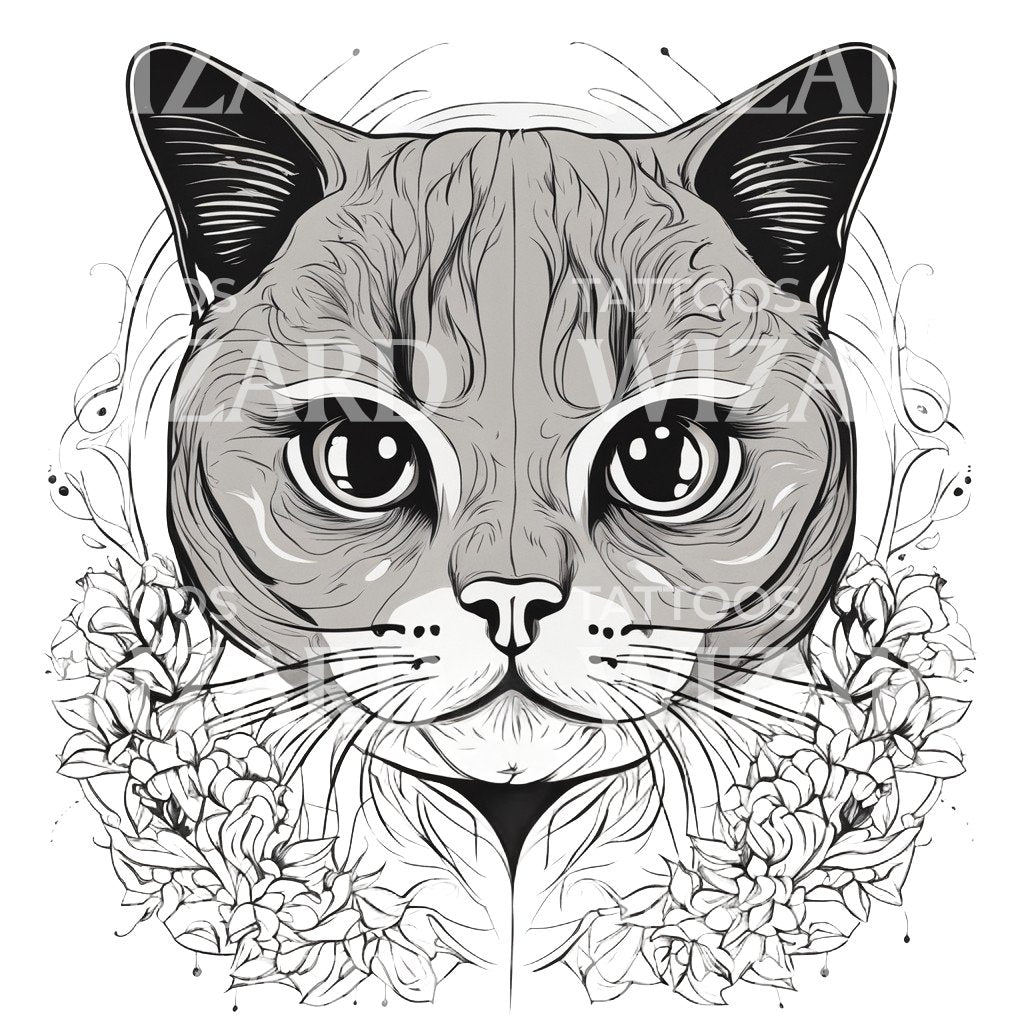 Scottish Fold Cat Head with Floral Patterns Tattoo Design
