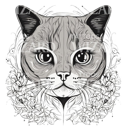 Scottish Fold Cat Head with Floral Patterns Tattoo Design
