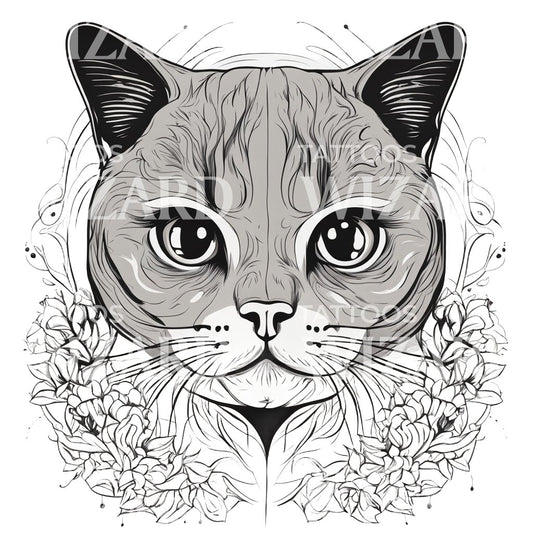 Scottish Fold Cat Head with Floral Patterns Tattoo Design