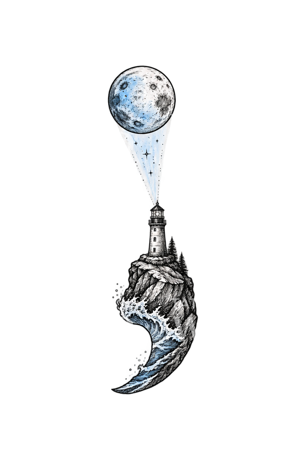 Ilustrasi Tato Titik Koma Mercusuar dan Bulan
