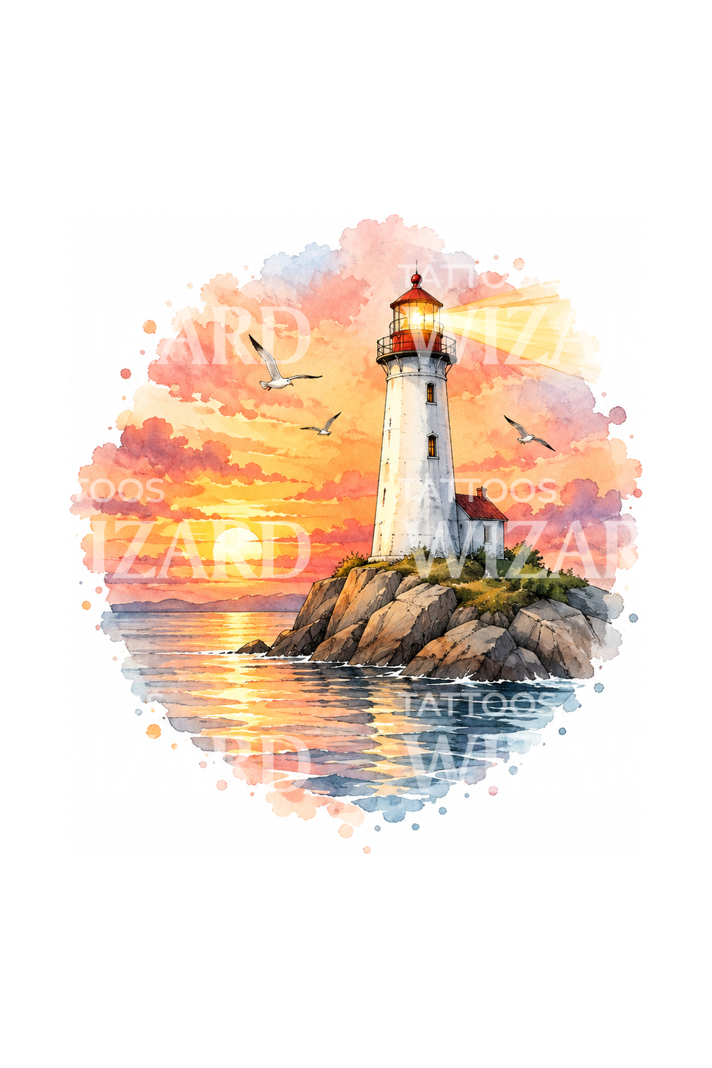 Lighthouse at Sunset Watercolor Tattoo Illustration