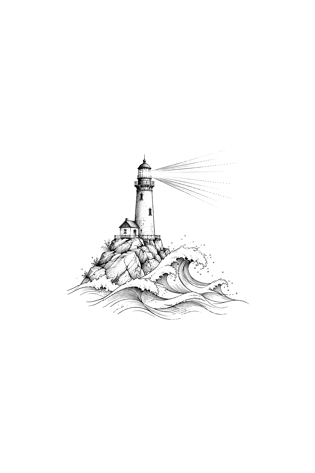 Lighthouse Beam over Waves Fine Line Tattoo