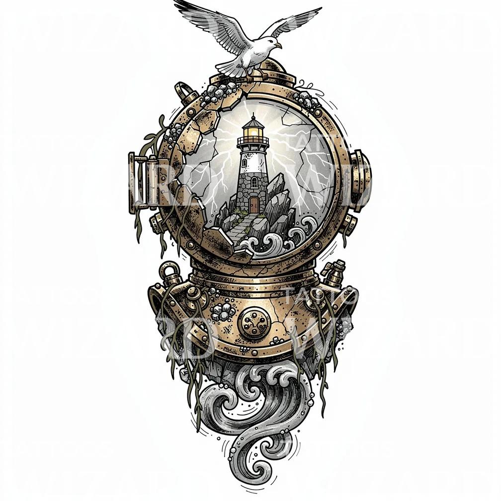 Lighthouse Diver Helmet Tattoo Design