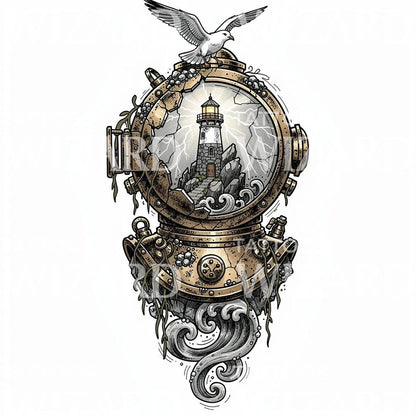 Lighthouse Diver Helmet Tattoo Design