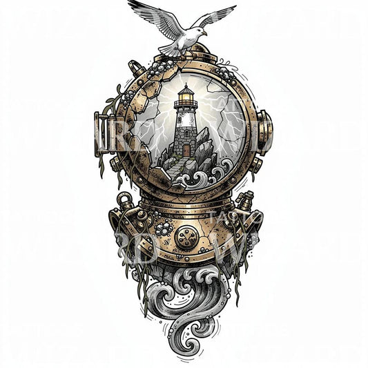 Lighthouse Diver Helmet Tattoo Design