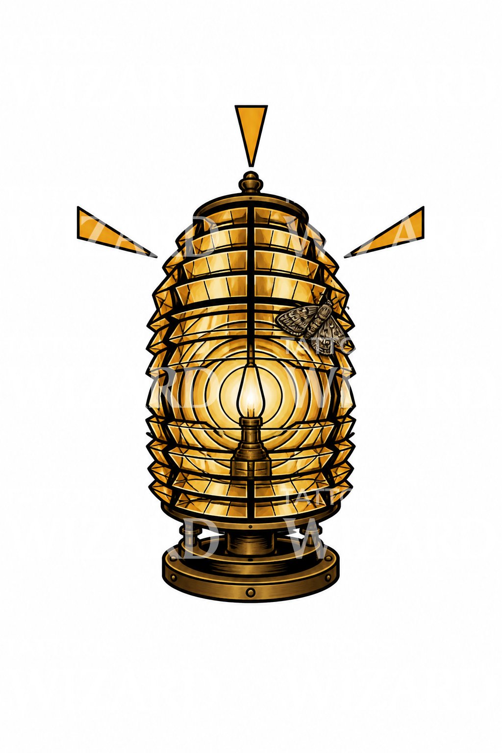 Illustration de tatouage d’une lentille de phare avec un papillon de nuit