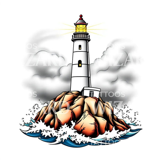 Lighthouse on Rocks Tattoo Design