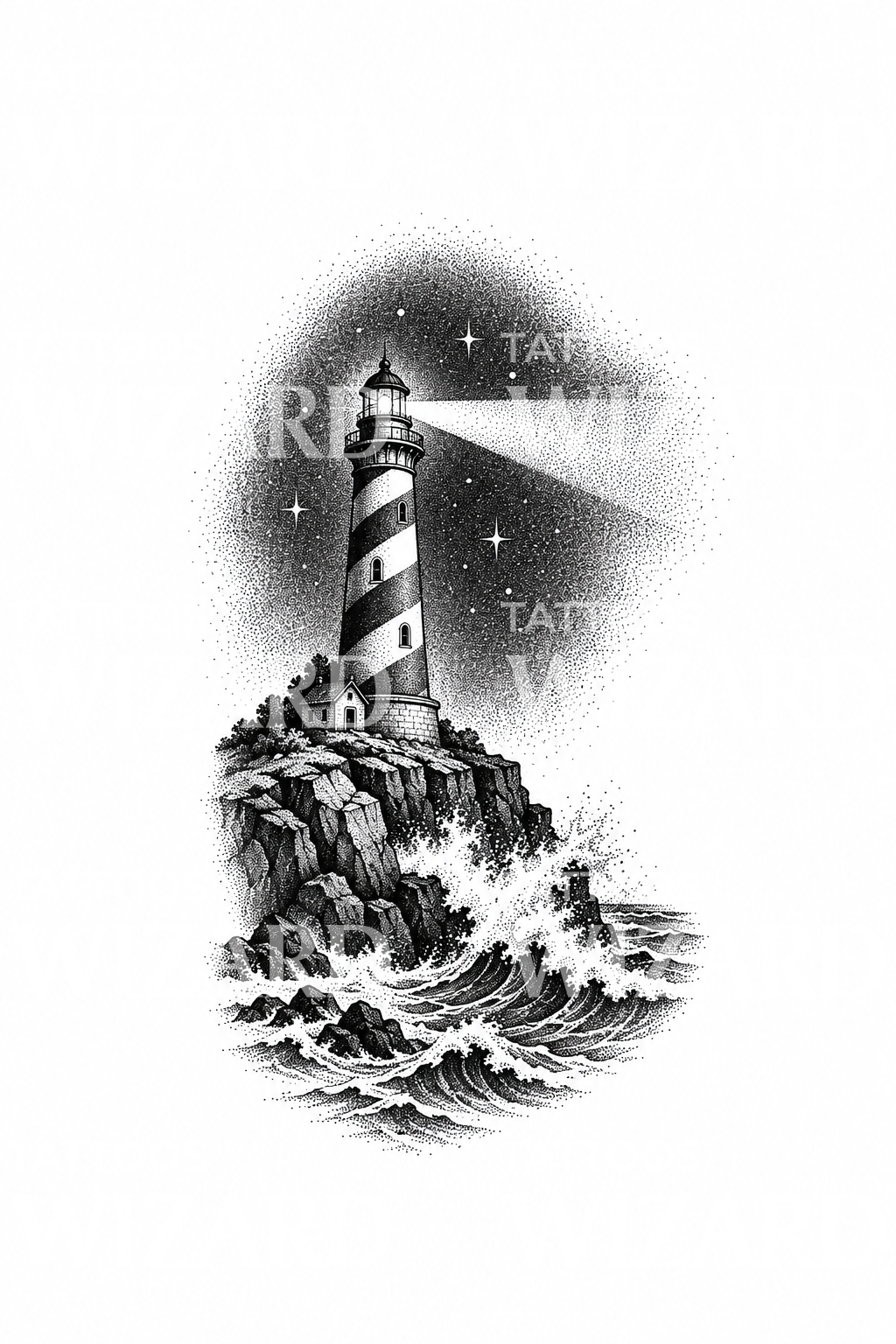 Idée de tatouage dotwork phare sur falaise rocheuse