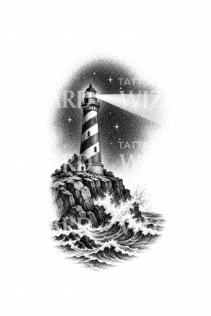 Idée de tatouage dotwork phare sur falaise rocheuse