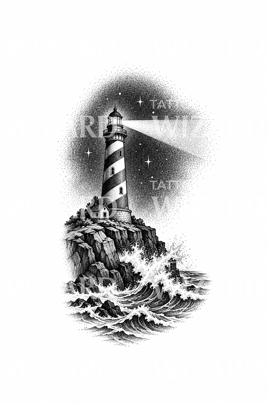 Idée de tatouage dotwork phare sur falaise rocheuse