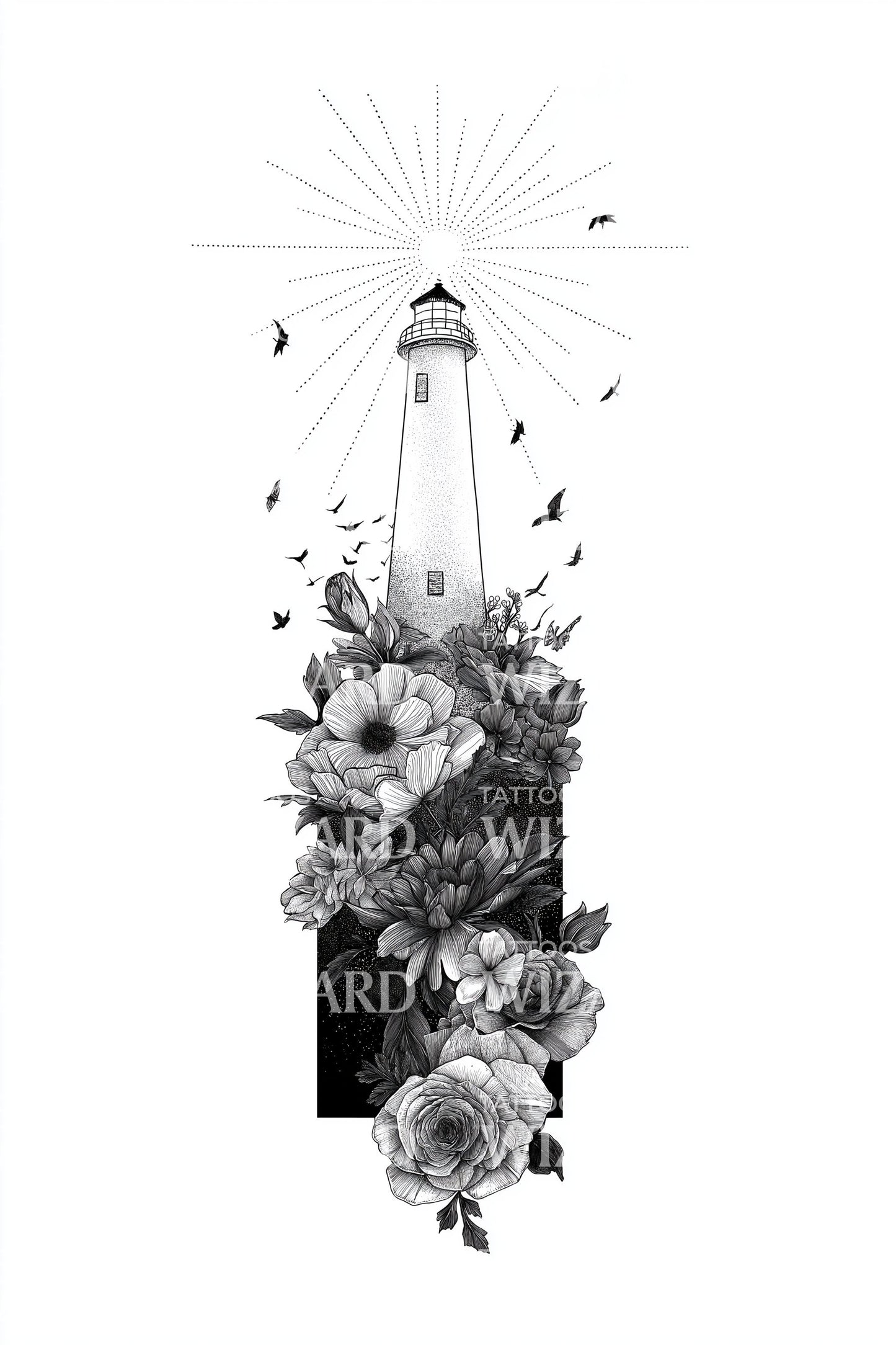 Lighthouse Rose Bouquet Tattoo Design