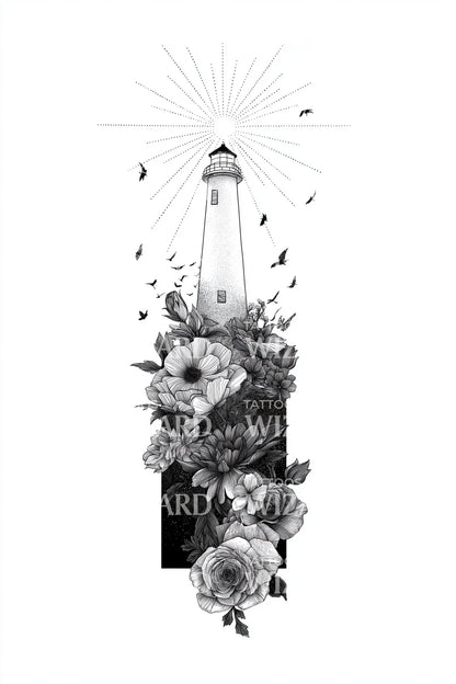Lighthouse Rose Bouquet Tattoo Design