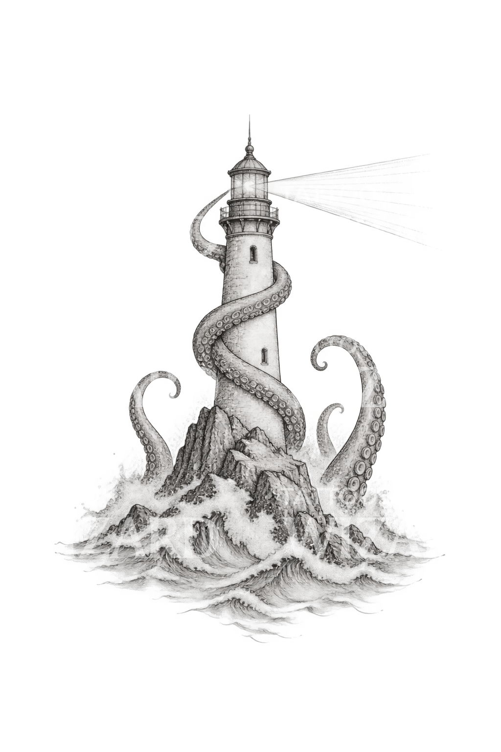 Fyr omfamnad av tentakler, tatueringsdesign