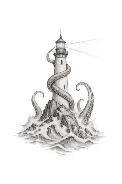 Fyr omfamnad av tentakler, tatueringsdesign