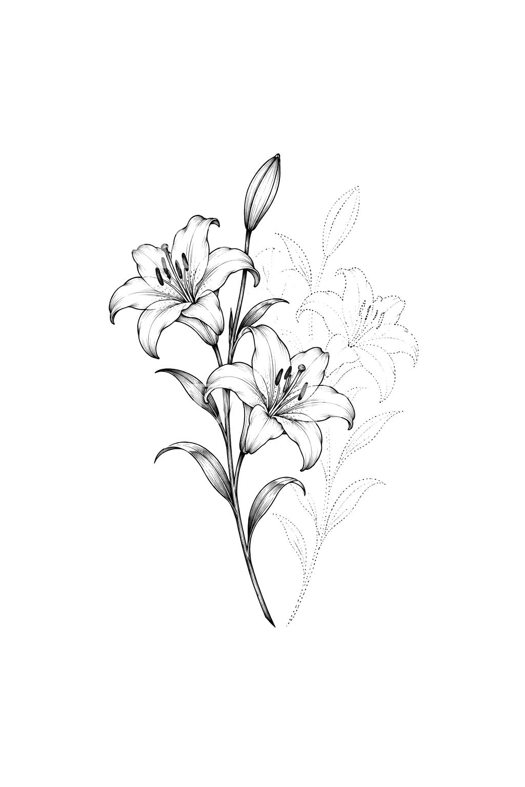 ユリと押し花の幽霊を描いたタトゥーアイデア