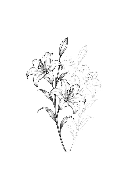 ユリと押し花の幽霊を描いたタトゥーアイデア