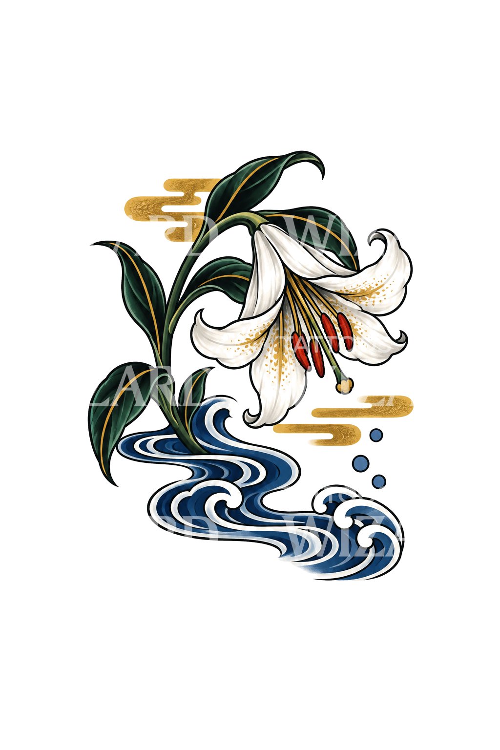 Lilja som böjer sig över blått vatten, japansk tatueringsdesign