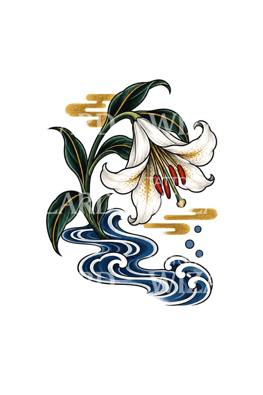 Sininen vesi ja kumartunut lilja, japanilainen tatuointidesign