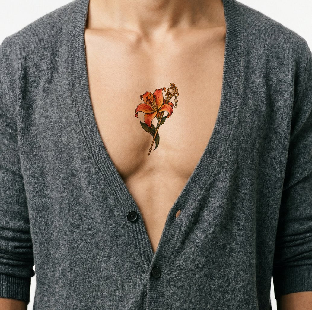 Tattoo-Design einer Tigerlilie mit goldener Perlenhaarnadel