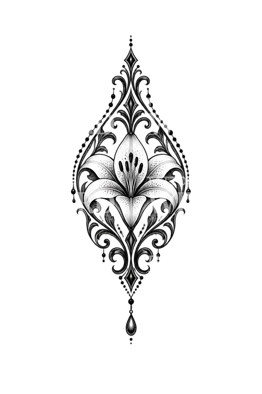 Ornamentalt dråbeformet lilje-tatoveringsdesign