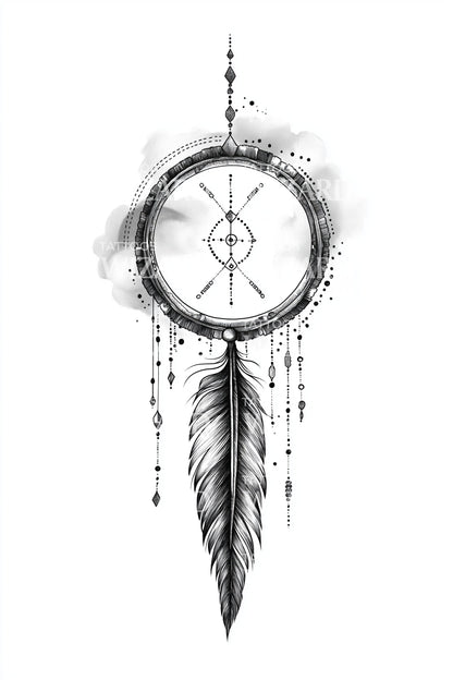 Linear Dreamcatcher Feather Tattoo Illustration