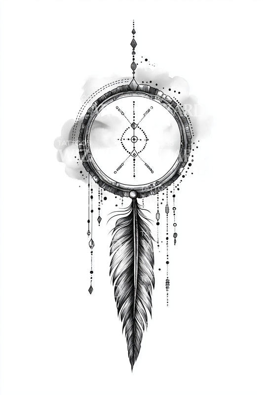 Linear Dreamcatcher Feather Tattoo Illustration